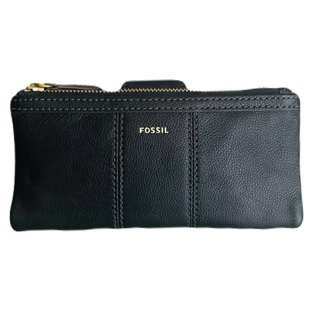 Fossil Black Genuine Leather Zip Wallet